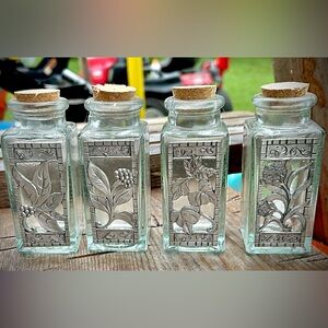 Elegant Glass Jars with Cork Lids and Pewter Accents - Set of 4